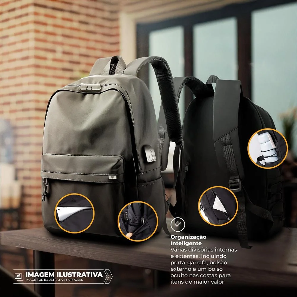 Imagem 4 de 5 do produto Mochila Casual Para Notebook 15,6" Antifurto Com Cadeado, Bolso Invisível, Usb E P2, Expansível Impermeável 20l - Flex