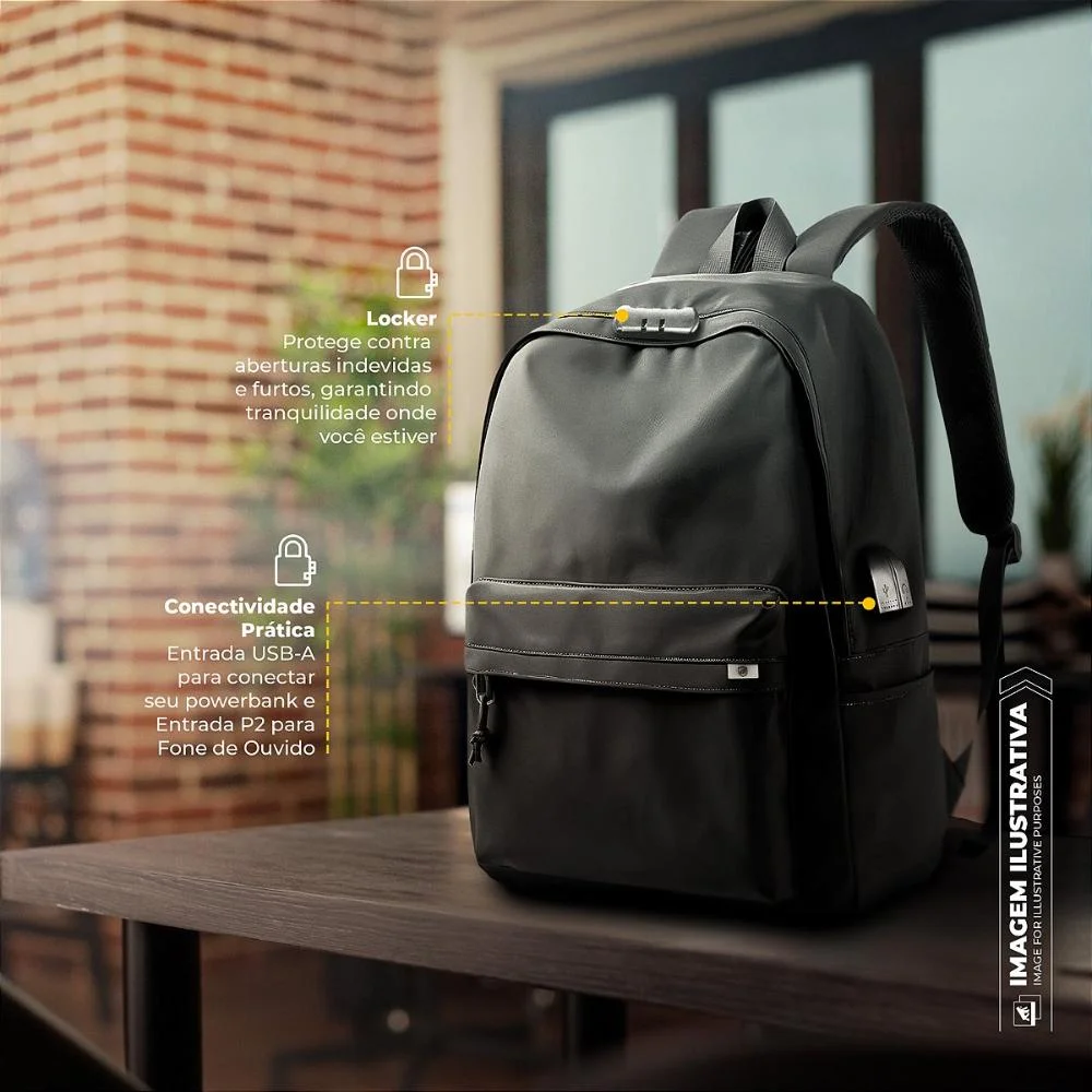Imagem 5 de 5 do produto Mochila Casual Para Notebook 15,6" Antifurto Com Cadeado, Bolso Invisível, Usb E P2, Expansível Impermeável 20l - Flex