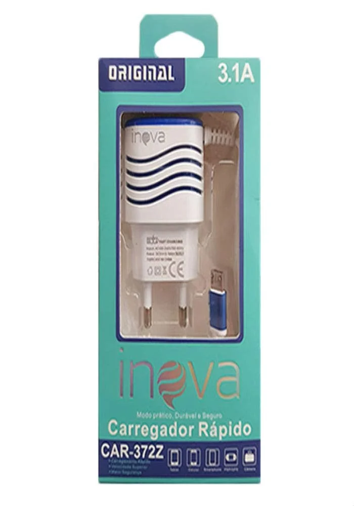 H Maston Carregador Rápido 3.1 A V.8 Inova Azul, Moderno, 2 Em 1 Usb, Compatível Com Android E Iphone