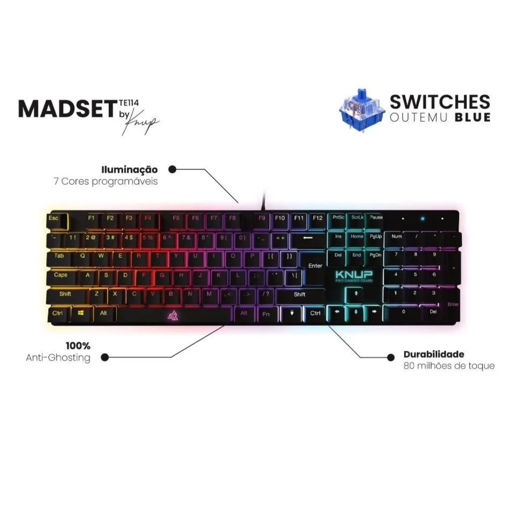 Imagem 2 de 5 do produto Teclado Mecânico Gamer Switch Blue Com Iluminação LED RGB Padrão ABNT2 Com Fio Knup KP-TE114