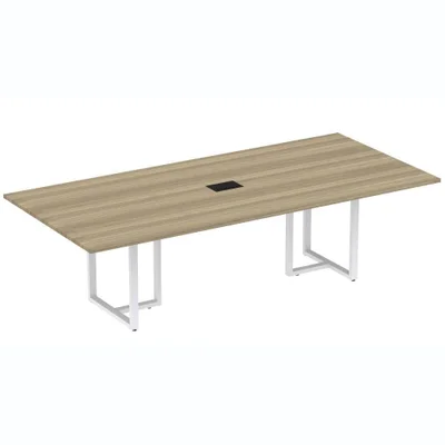 Mesa De Reunião Com Caixa De Tomada 260 X 120 Cm Pé Tubular Pe25 Mdp Noce Naturalle Branco