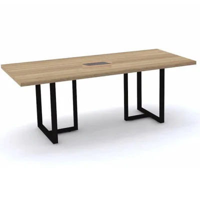 Mesa De Reunião Com Caixa De Tomada 200 X 90 Cm Pé Tubular Pe40 Em Mdp Noce Naturalle Base Preta