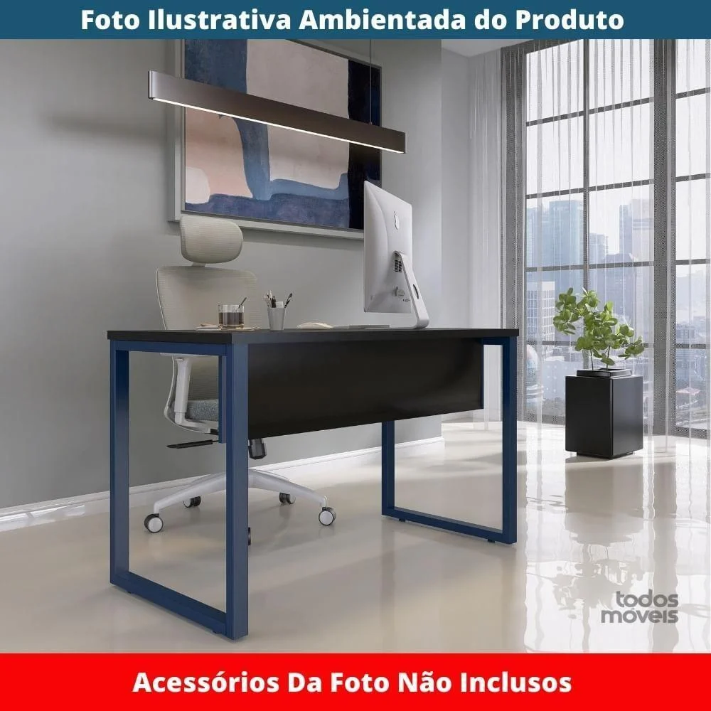 Imagem 3 de 5 do produto Mesa Escritório P25 Tub Pandin 170 Cm (larg) X 70 Cm (prof) Tampo Mdp Preto Pé Aço Tubular Azul