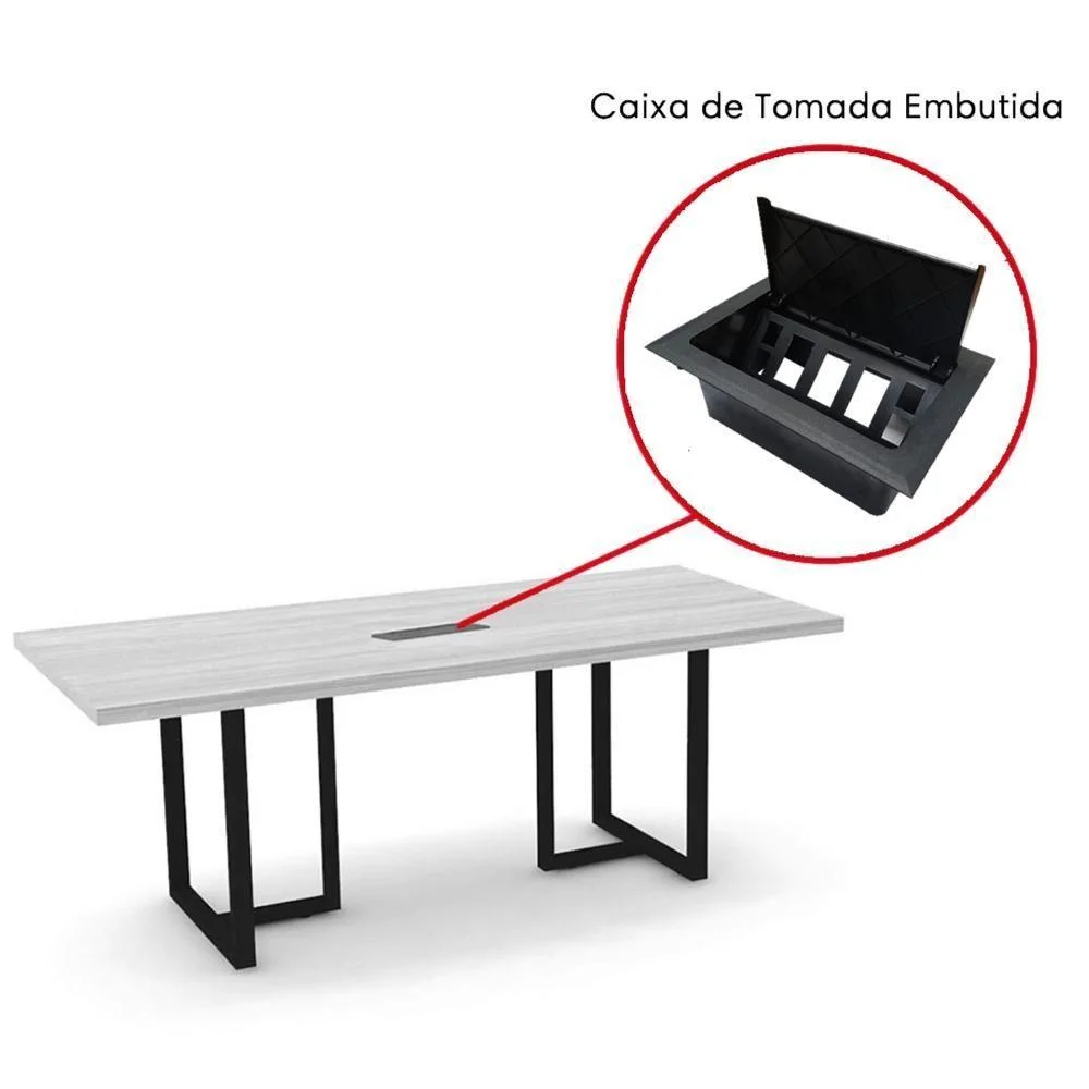 Imagem 2 de 5 do produto Mesa De Reunião Com Caixa De Tomada Retangular 200 X 90 Cm Pé Tubular Pe25 Em Mdp Cinza Base Preta