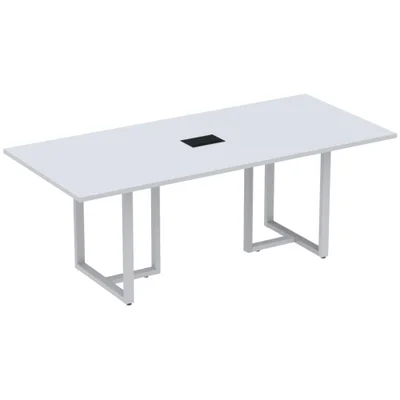 Mesa De Reunião Com Caixa De Tomada Retangular 200x90 Cm Pé Tubular Pe25 Em Mdp Cinza Com Base Cinza