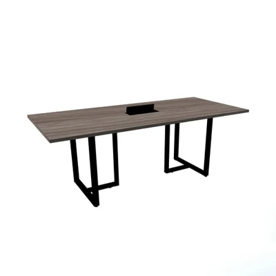 Mesa De Reunião Com Caixa De Tomada Retangular 200 X 90 Cm Pé Tubular Pe25 Em Mdp Walnut Base Preta