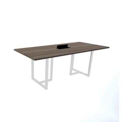 Mesa De Reunião Com Caixa De Tomada Retangular 200x90 Cm Pé Tubular Pe25 Em Mdp Walnut E Base Branca