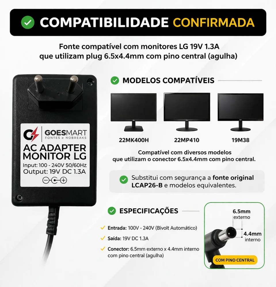 Imagem 4 de 5 do produto Fonte Para Monitor Tv Lg 19v 1.3a Conector Com Pino Central