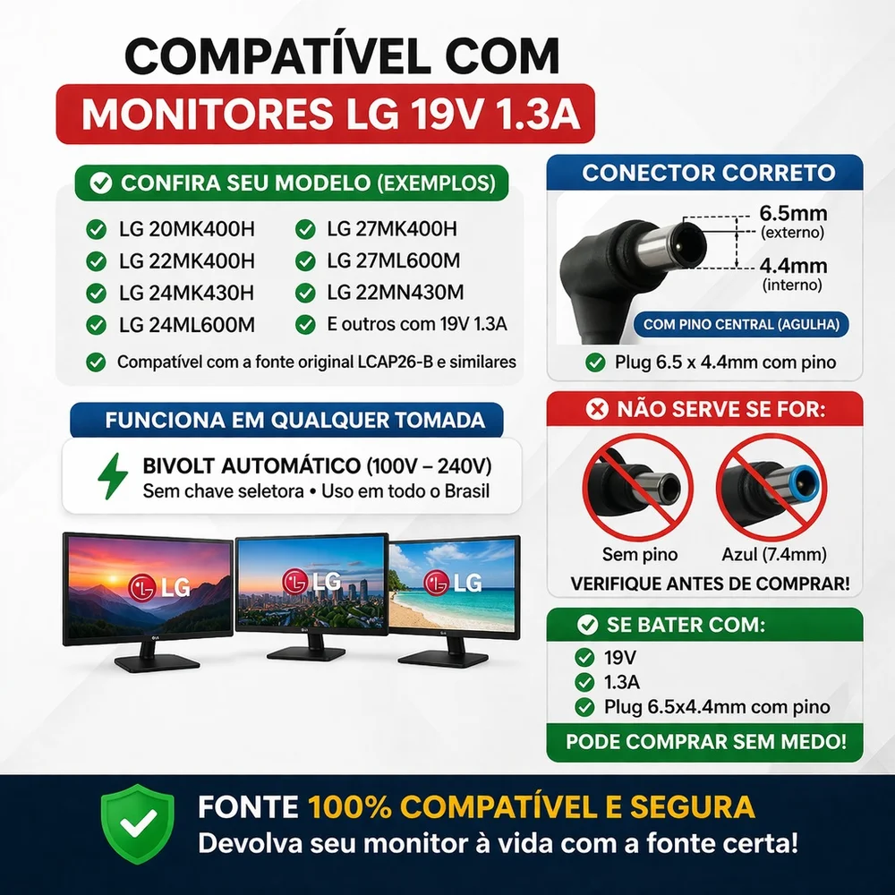 Imagem 5 de 5 do produto Fonte Para Monitor Tv Lg 19v 1.3a Conector Com Pino Central