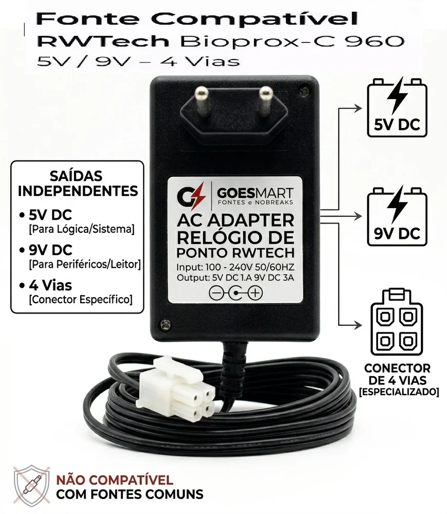 Imagem 2 de 5 do produto Fonte 5vdc 9vcv 4 Vias Relogio De Ponto Rwtech Bioprox-c 960