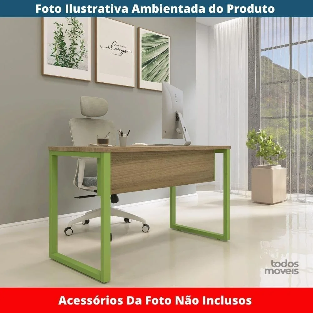 Imagem 3 de 5 do produto Mesa Escritório P25 Tub Pandin 90 Cm (larg) Tampo Mdp Noce Naturalle Pé Aço Tubular Verde Mirô