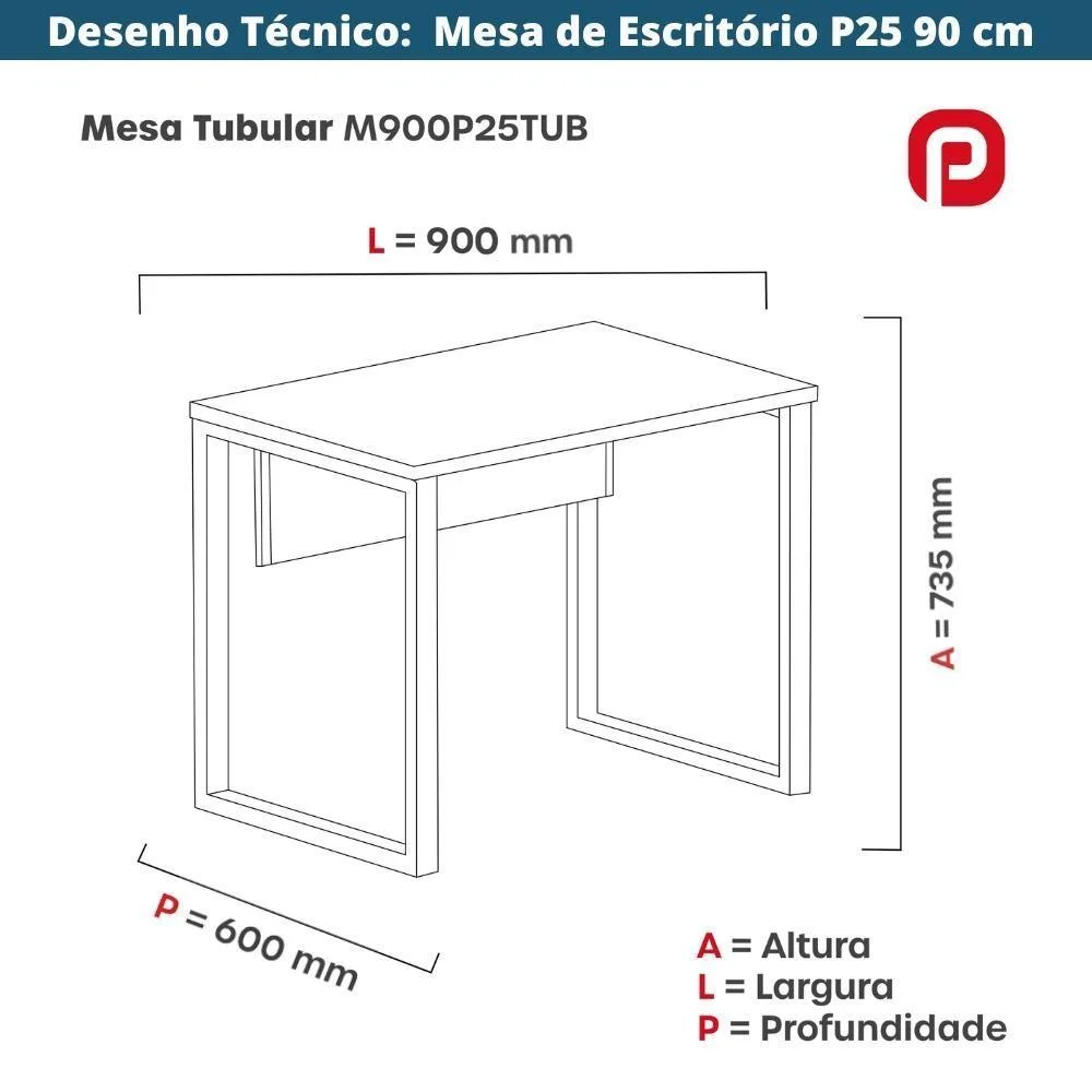Imagem 2 de 5 do produto Mesa Escritório P25 Tub Pandin 90 Cm (larg) Tampo Mdp Grafito Pé Aço Tubular Preto