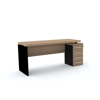 Mesa Pé Painel Com Gaveteiro 4 Gavetas Pe40 Em Mdp 164 X 60 Cm Noce Naturalle Base Preta