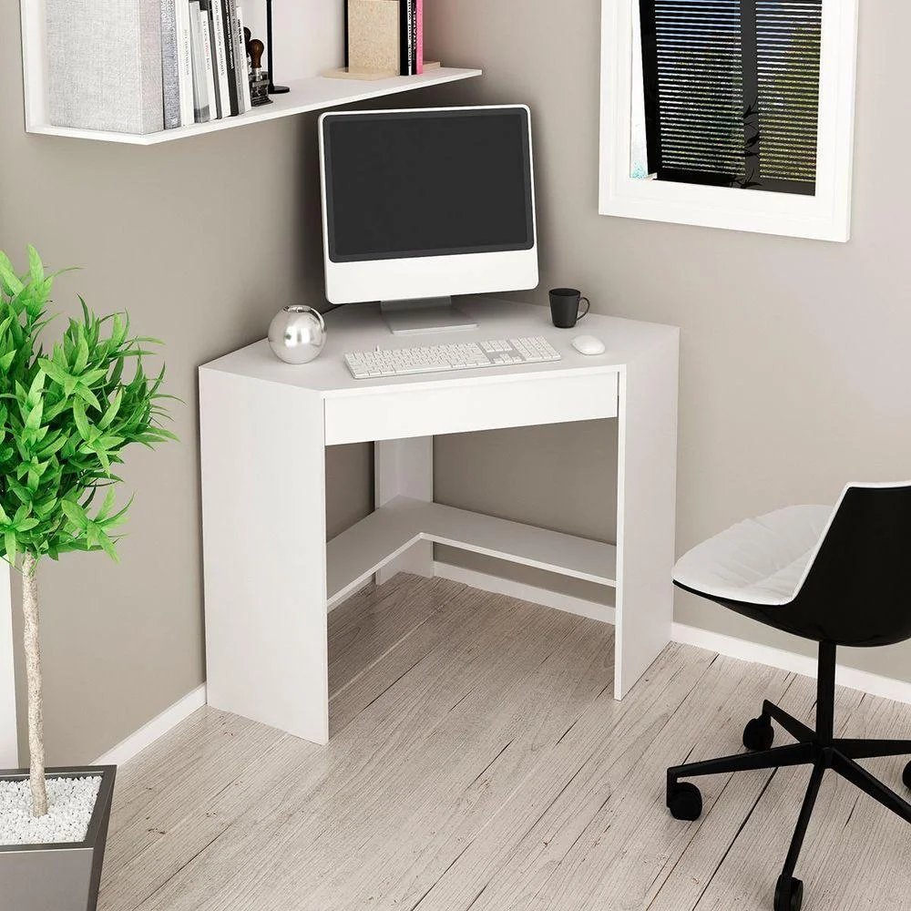 Mesa Escrivaninha De Canto Para Escritório 1 Gaveta Branco 6