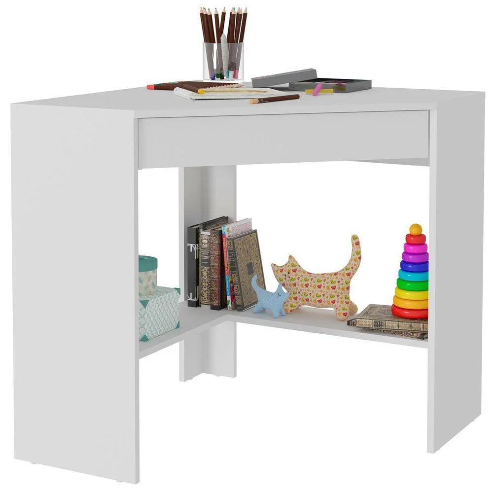 Mesa Escrivaninha De Canto Para Escritório 1 Gaveta Branco 8