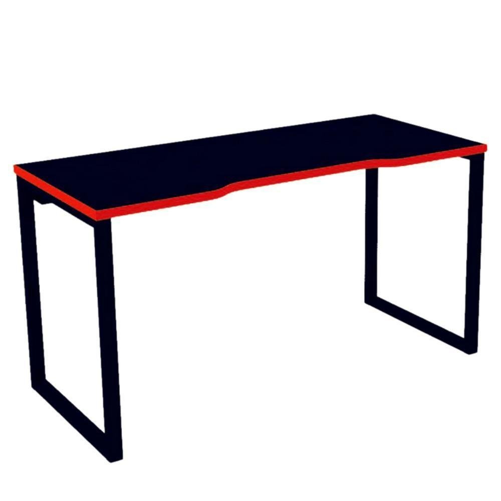 Mesa Gamer Retangular Home Office 134 X 60 Cm Pé Tubular Preto Com Borda Vermelha