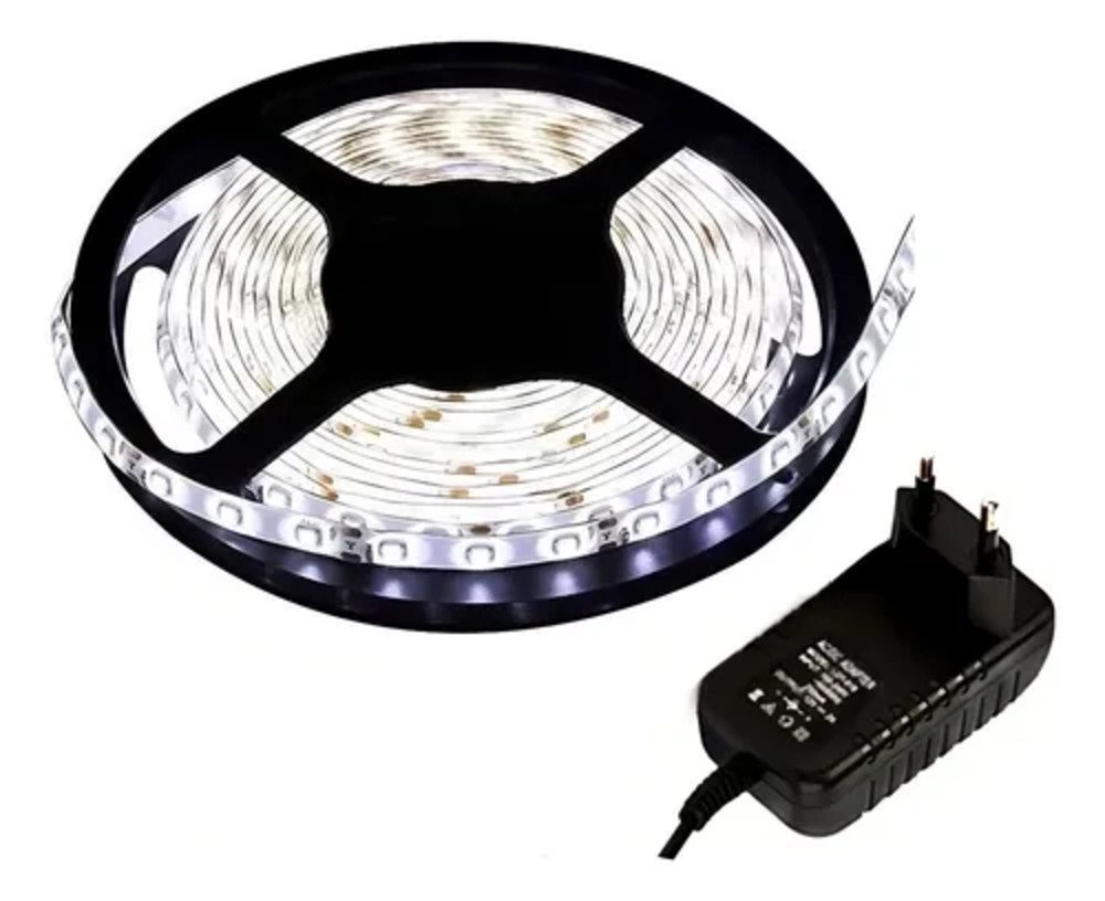 Fita Super LED 5mt 5050 Branco Frio 24w 12v 300 LEDs + Fonte