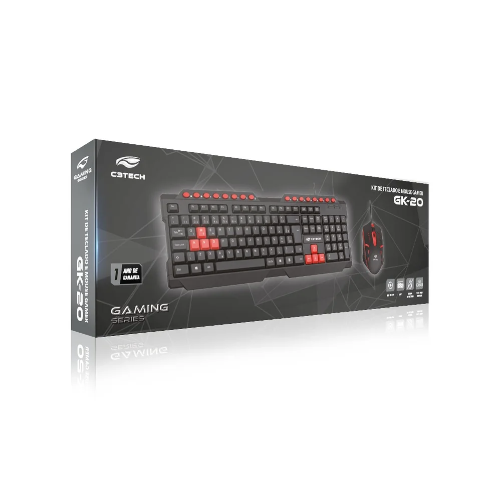 Imagem 4 de 4 do produto Kit Teclado E Mouse Gamer C3tech Usb Abnt2 1200 Dpi - Preto E Vermelho