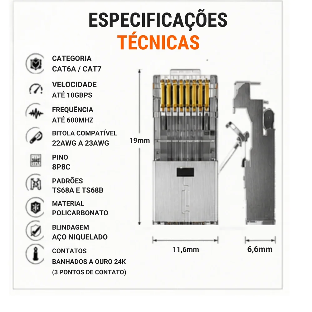 Imagem 2 de 5 do produto 10 Peças Conector Rj45 Cat6a/cat7 Blindado 10gbps