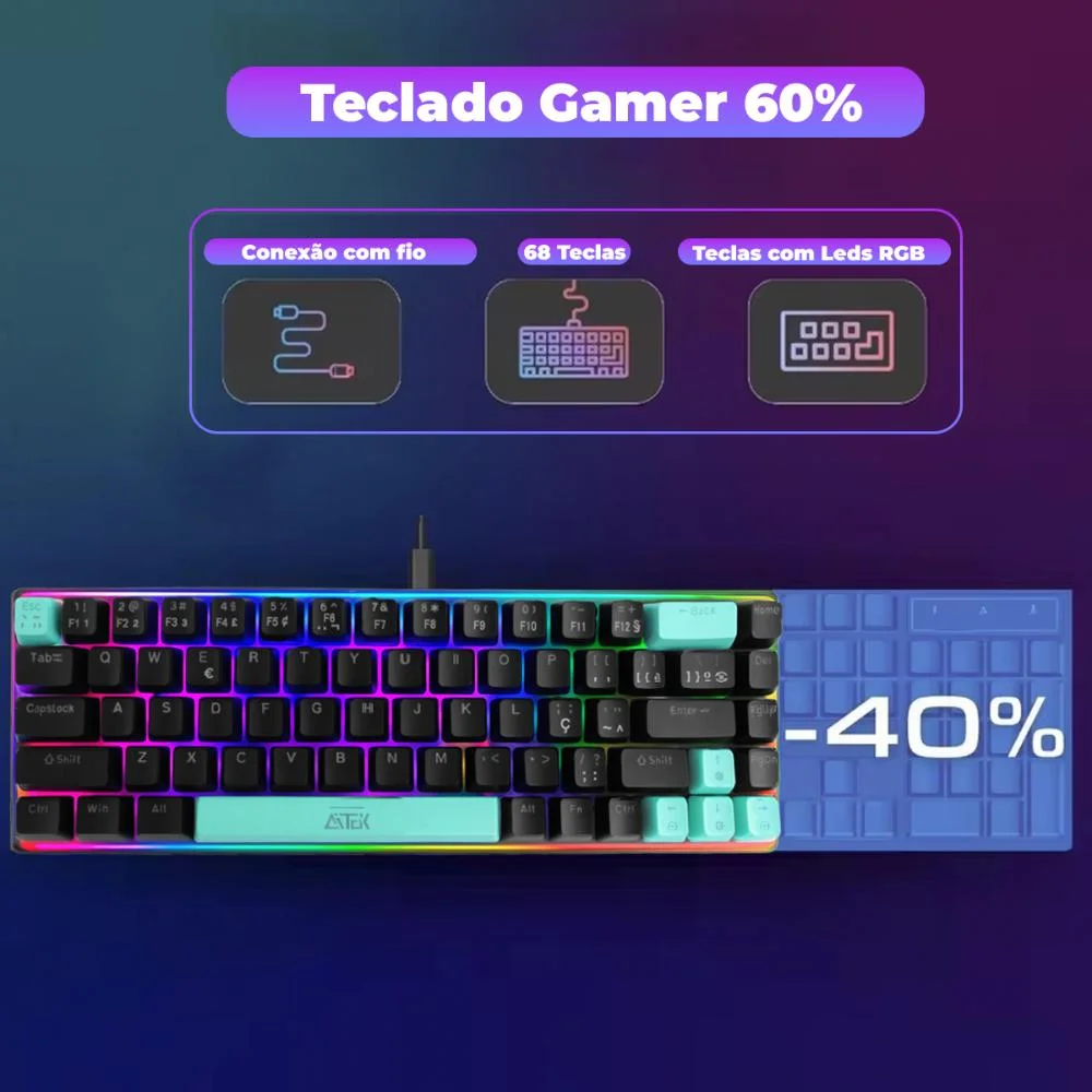 Imagem 5 de 5 do produto Teclado Mecânico Gamer Com Fio Usb LED 68 Teclas Silencioso - Preto