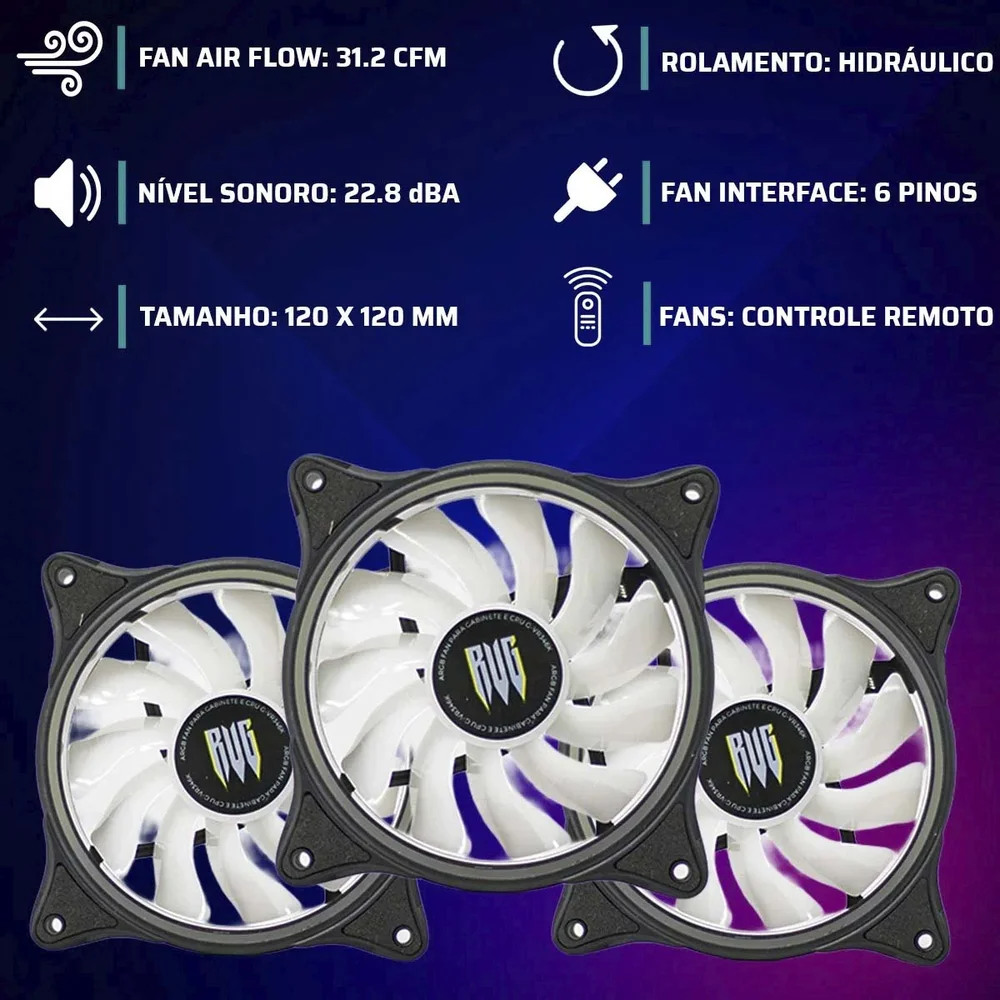 Imagem 2 de 5 do produto Kit 3 Cooler Fan, Hub Controlador RGB 120mm G-vr346k Preto Revenger