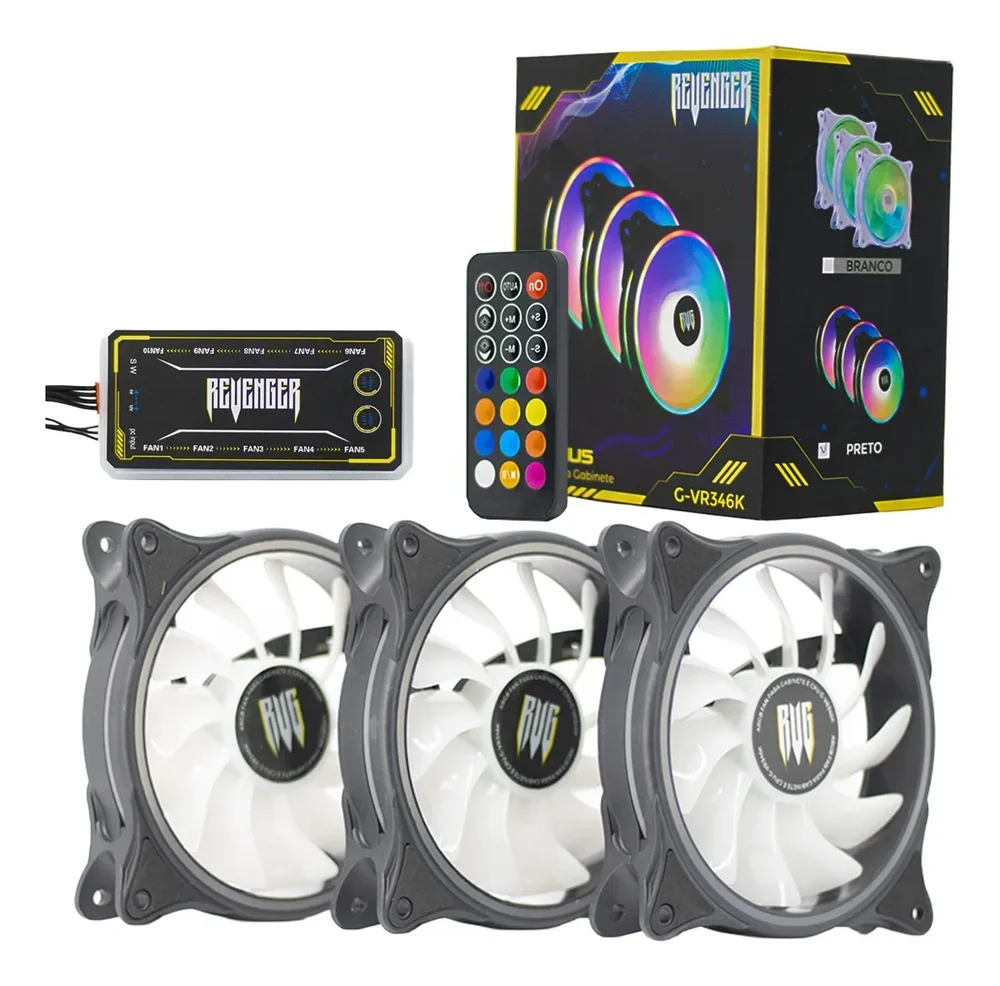 Imagem 4 de 5 do produto Kit 3 Cooler Fan, Hub Controlador RGB 120mm G-vr346k Preto Revenger