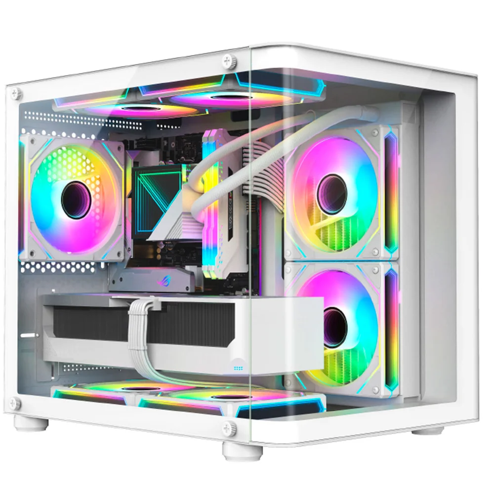 Gabinete Gamer Aquário Hayom Gb1799, 4x Fans RGB, Frontal E Lateral Em Vidro Temperado, Micro Atx - Branco