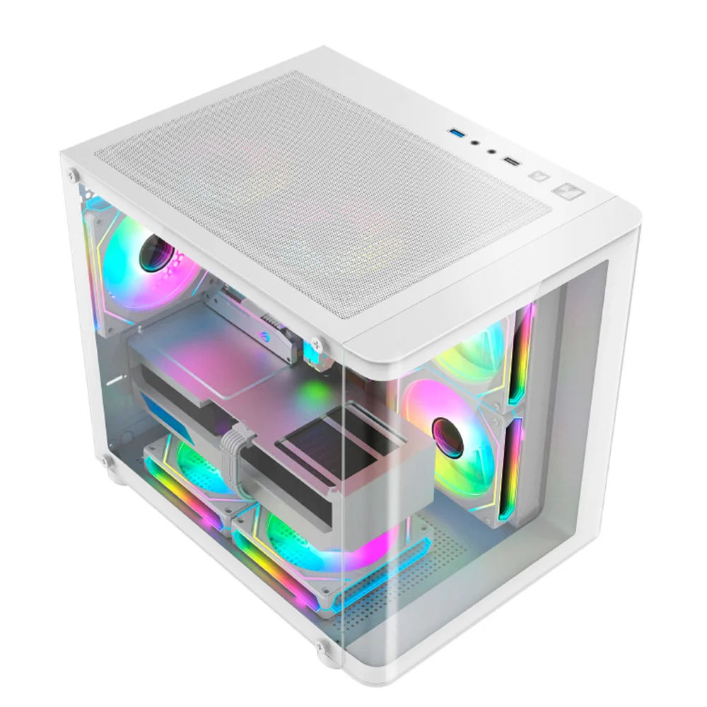 Imagem 3 de 5 do produto Gabinete Gamer Aquário Hayom Gb1799, 4x Fans RGB, Frontal E Lateral Em Vidro Temperado, Micro Atx - Branco