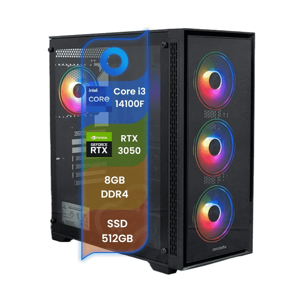 PC Gamer Top Concórdia Processador Intel Core i3 14100f 8GB SSD 512gb RTX 3050 Fonte 500w Freedos
