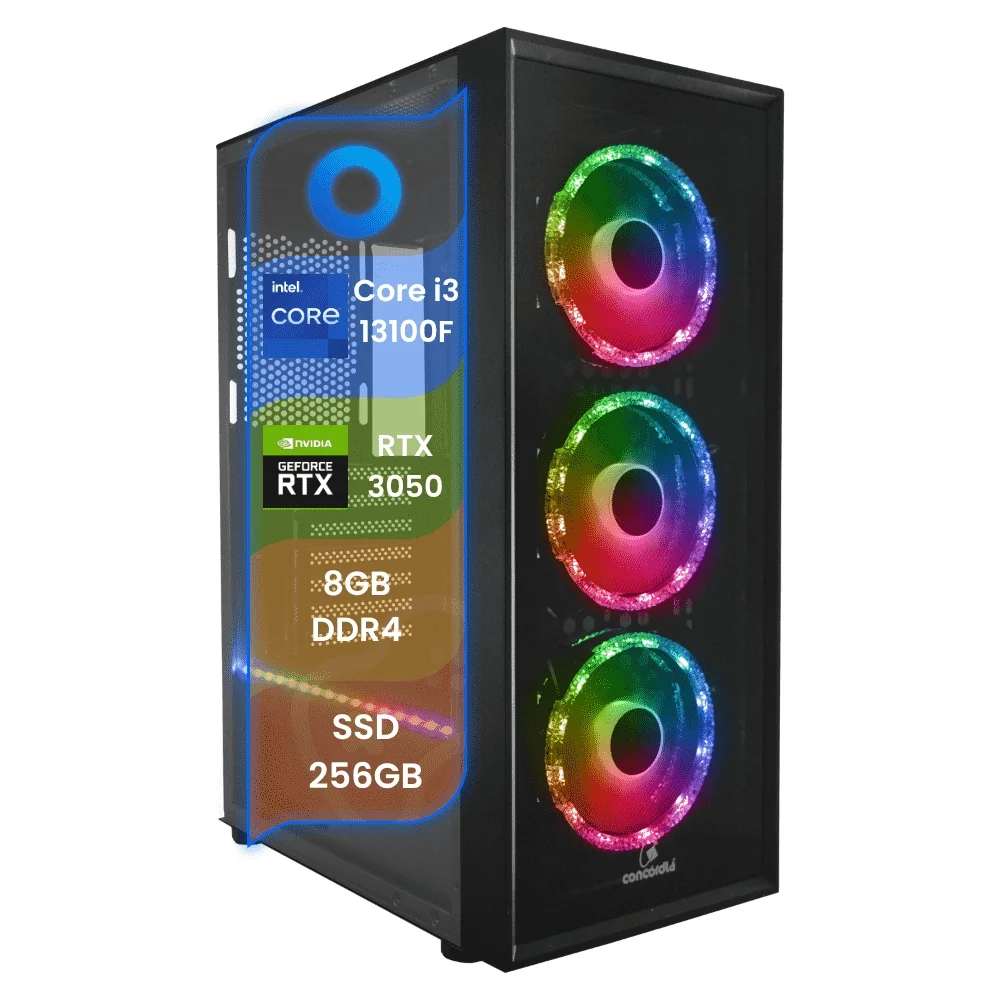 PC Gamer Top Concórdia Processador i3 13100f 8GB SSD 256gb Placa RTX 3050 Fonte 600w Freedos