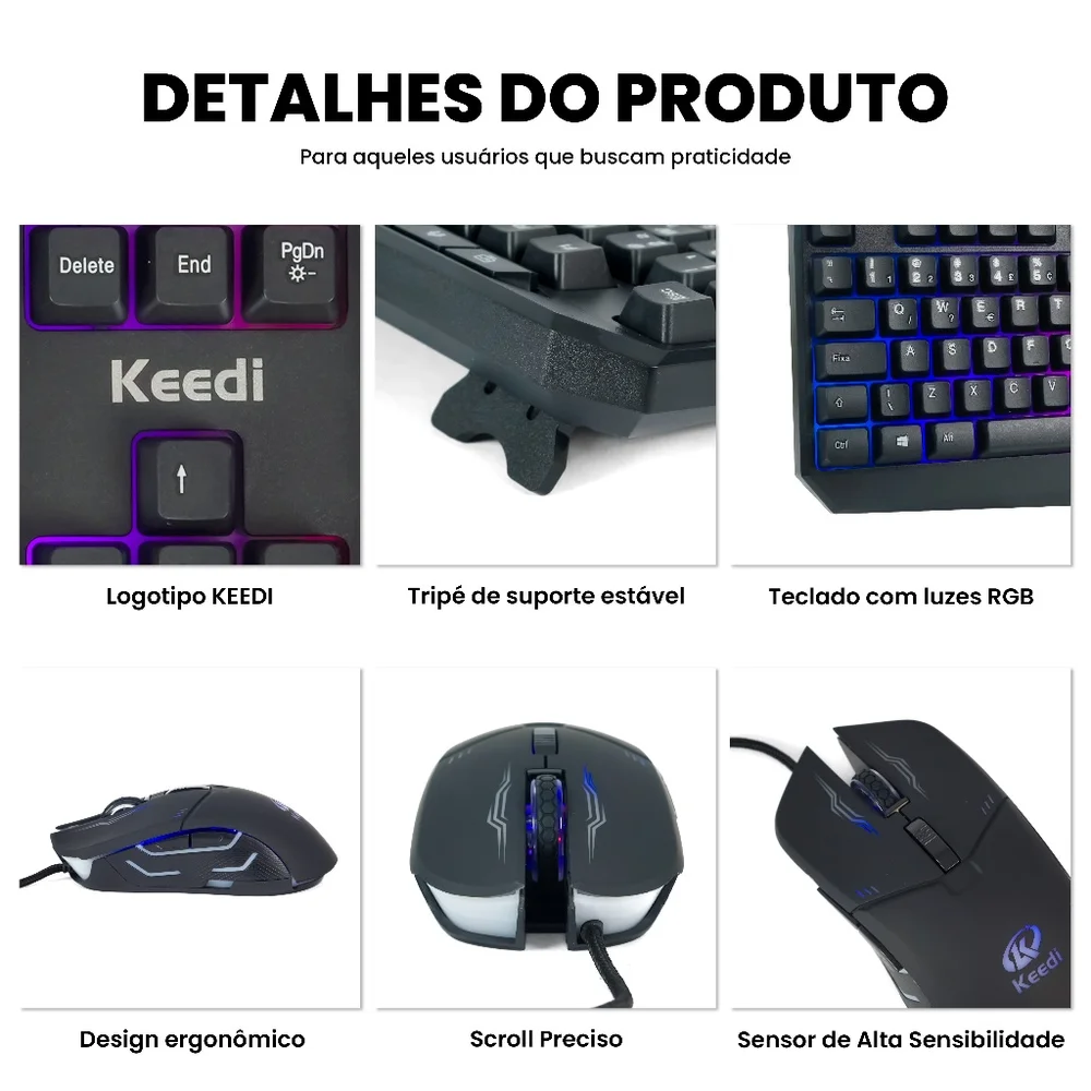 Imagem 2 de 5 do produto Kit Teclado Mouse RGB Multimídia 10 Teclas Keedi Tec801