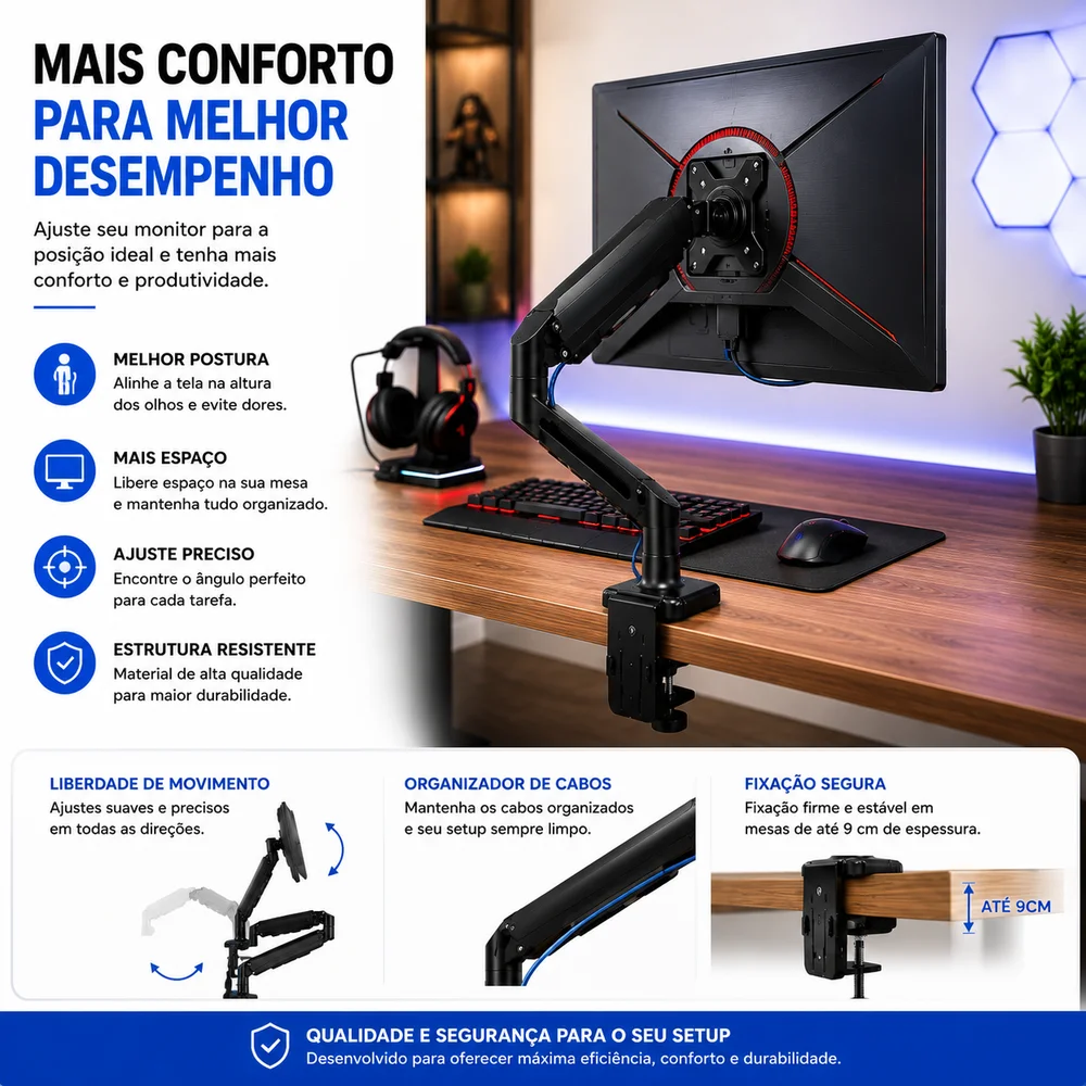 Imagem 3 de 5 do produto Suporte De Mesa Bluecase Ergo Flexy, Articulado, Para Monitores De 17" A 32", Preto