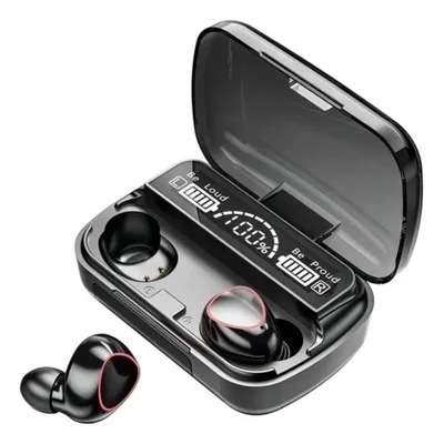 Earphone Bluetooth Preto À Prova De Suor Com Estojo De Recarga Power Bank