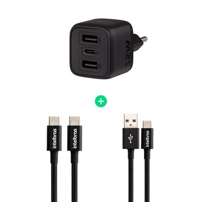Kit Carregador Turbo Com 2 Cabos Usb 1,5m Usb-c Para Usb-c E Usb-a Para Usb-c
