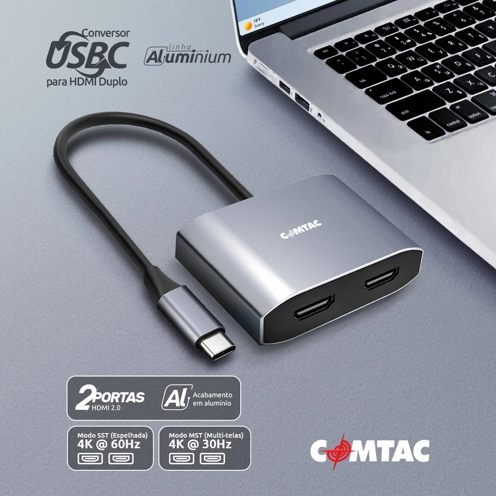 Imagem 3 de 5 do produto Cabo Conversor Usb-c Para HDMI - 2 Portas HDMI - 4k - Comtac 20119483