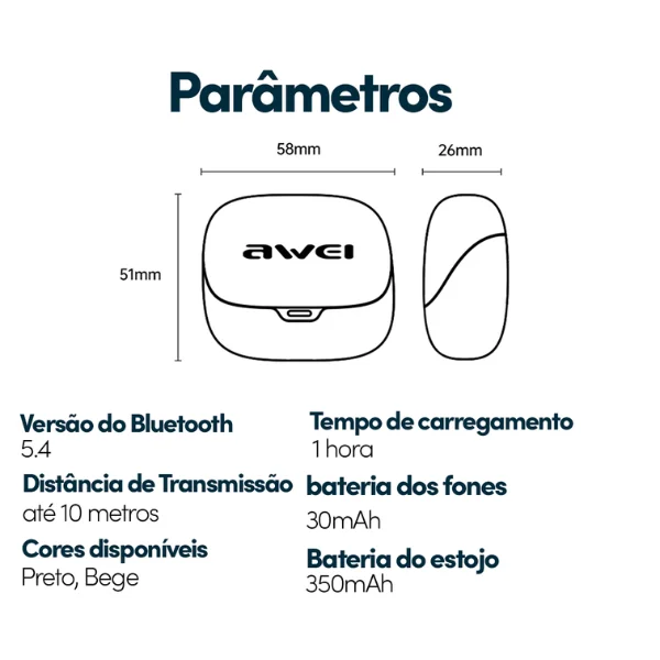 Imagem 3 de 4 do produto Fone Bluetooth Awei Ta11 Tws | Cancelamento De Ruído Inteligente, Conforto E Baixa Latência