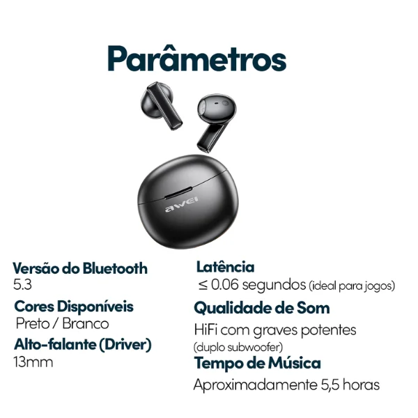 Imagem 2 de 4 do produto Fone Bluetooth Awei T87 Tws Auricular | Alta Fidelidade, Bateria Longa E Conforto