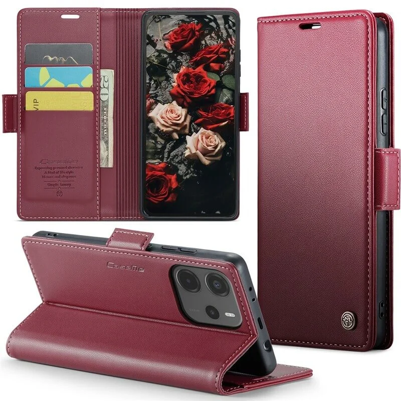 Imagem 2 de 5 do produto Capa Carteira Com Compartimentos para Cartão de Crédito, Dinheiro, Documentos com Fechamento Magnético para o Redmi Note 14 4G - Cor: Vermelho