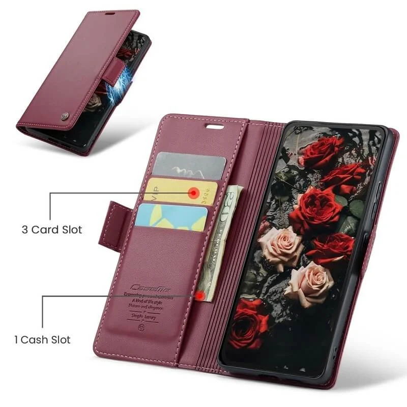 Imagem 4 de 5 do produto Capa Carteira Com Compartimentos para Cartão de Crédito, Dinheiro, Documentos com Fechamento Magnético para o Redmi Note 14 4G - Cor: Vermelho