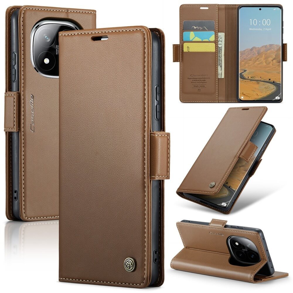 Capa Carteira Com Compartimentos para Cartão de Crédito, Dinheiro, Documentos com Fechamento Magnético para o Redmi Note 14 Pro Plus 5G - Cor: Marrom