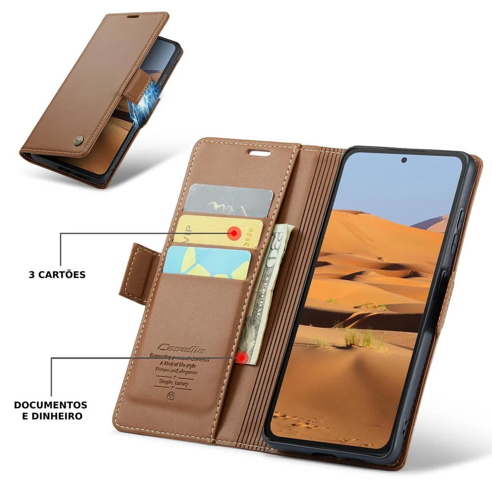 Imagem 4 de 5 do produto Capa Carteira Com Compartimentos para Cartão de Crédito, Dinheiro, Documentos com Fechamento Magnético para o Redmi Note 14 Pro Plus 5G - Cor: Marrom