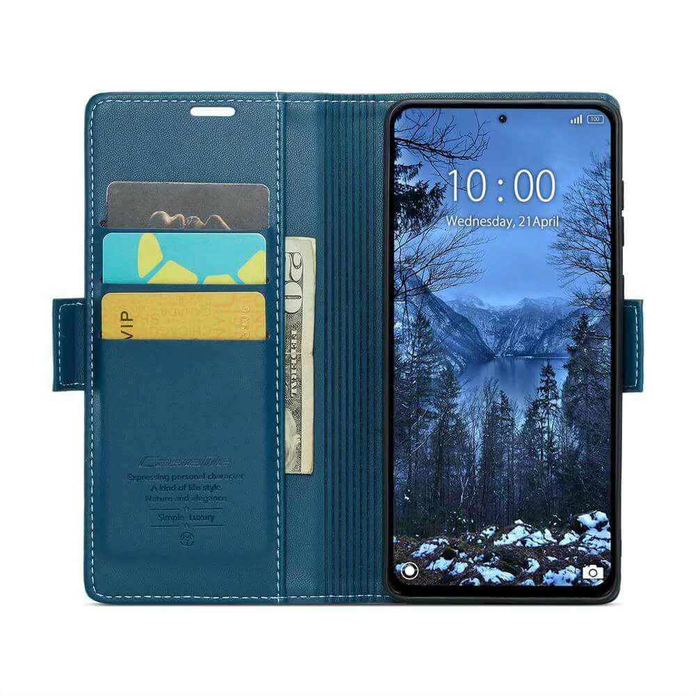 Imagem 3 de 5 do produto Capa Carteira Com Compartimentos para Cartão de Crédito, Dinheiro, Documentos com Fechamento Magnético para o Redmi Note 14 4G - Cor: Azul