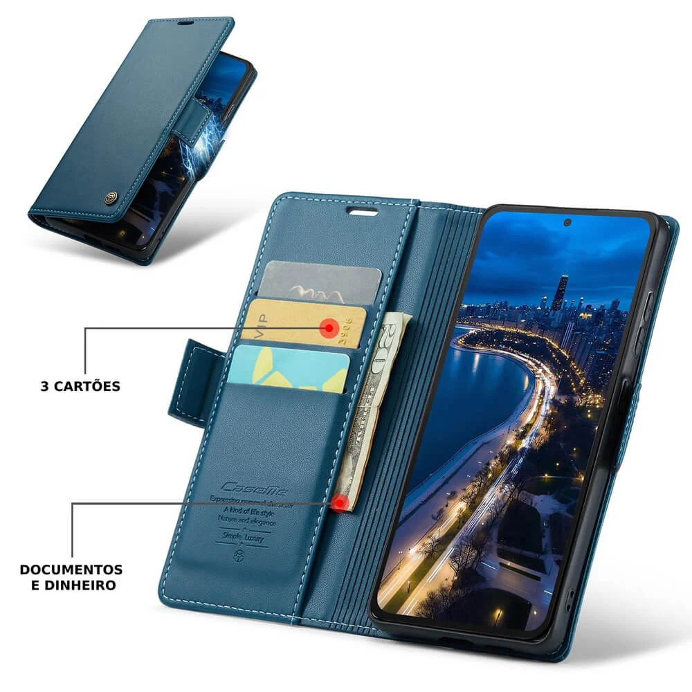Imagem 4 de 5 do produto Capa Carteira Com Compartimentos para Cartão de Crédito, Dinheiro, Documentos com Fechamento Magnético para o Redmi Note 14 4G - Cor: Azul