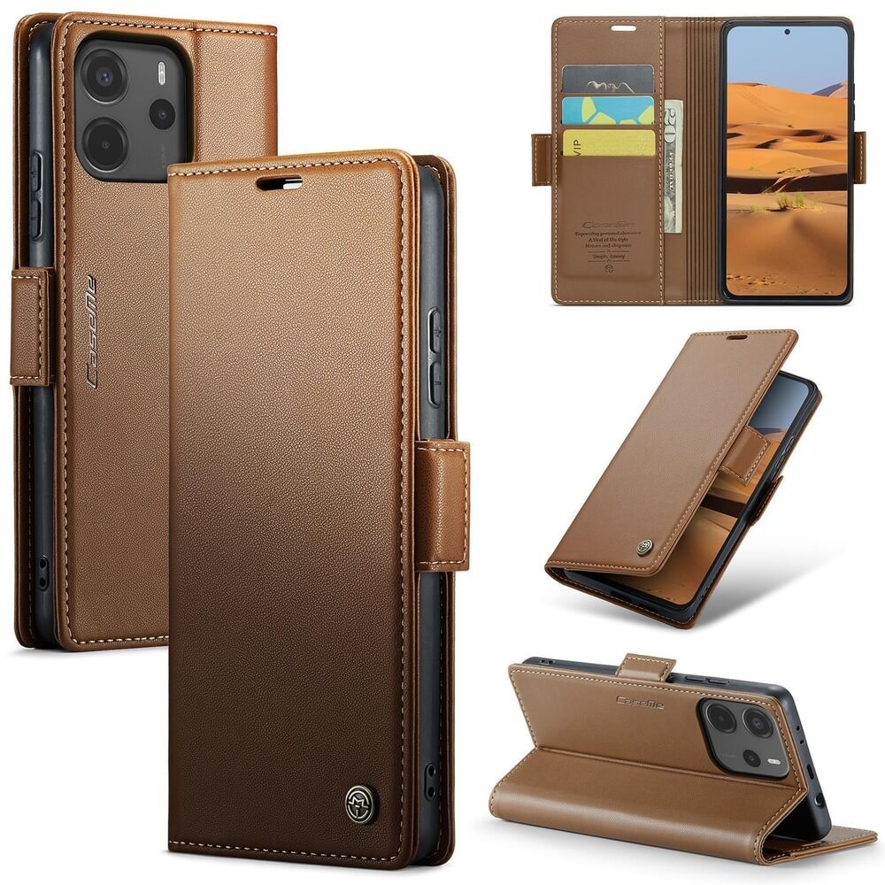 Capa Carteira Com Compartimentos para Cartão de Crédito, Dinheiro, Documentos com Fechamento Magnético para o Redmi Note 14 4G - Cor: Marrom
