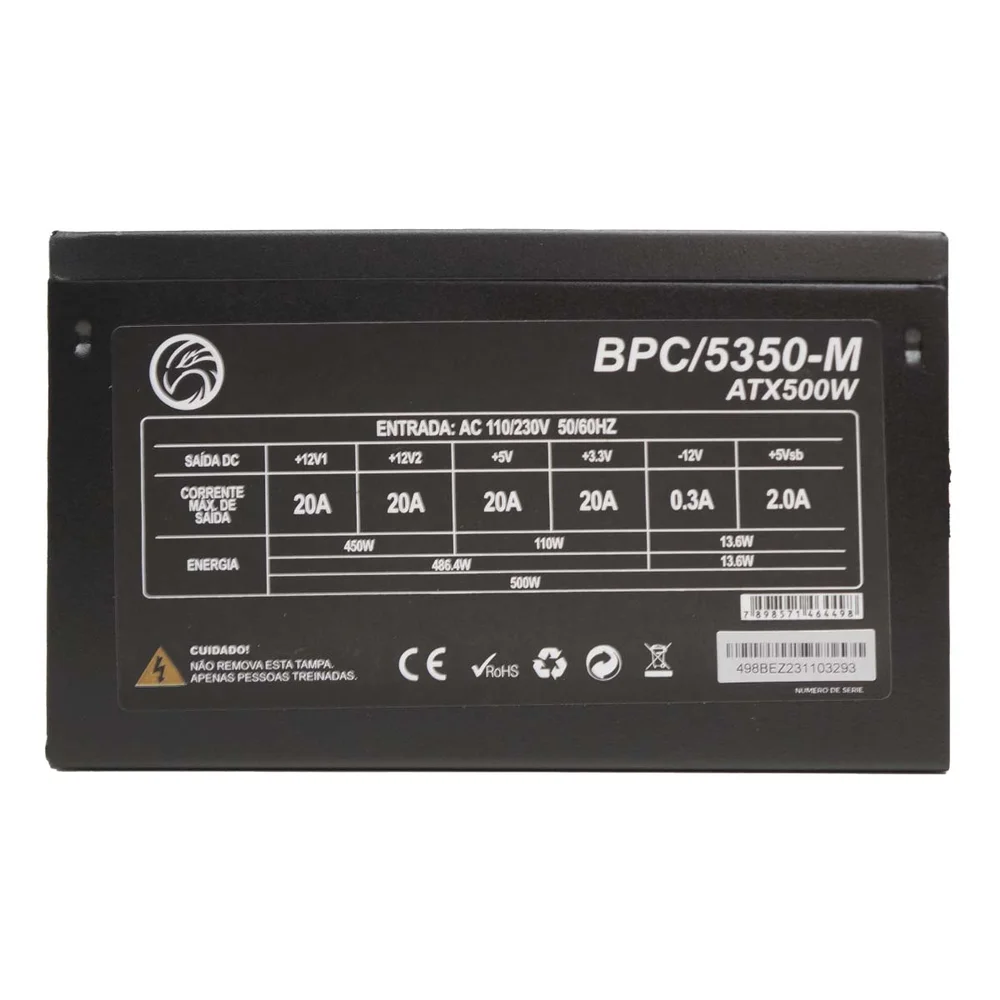 Imagem 3 de 4 do produto Fonte Brazilpc Atx 500w Bpc-5350b-m Com Cabo De Força