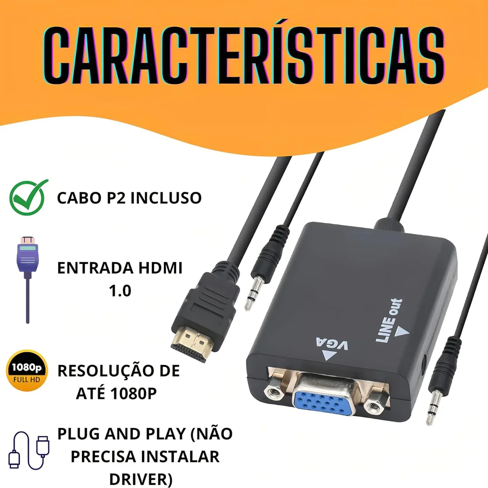 Imagem 2 de 5 do produto Cabo Conversor Adaptador HDMI Para Vga Com Saída De Áudio E Cabo P2