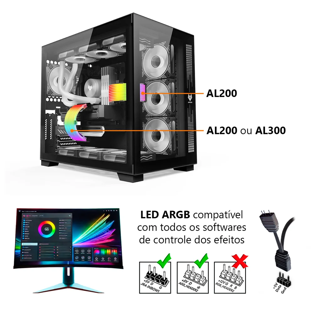 Imagem 3 de 5 do produto Barra de LED Neon, AL200 Coolmoon, ARGB 5V 3 Pinos, Organizador Para Esconder Cabos da Fonte, Preto