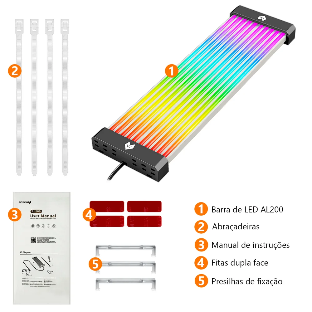 Imagem 5 de 5 do produto Barra de LED Neon, AL200 Coolmoon, ARGB 5V 3 Pinos, Organizador Para Esconder Cabos da Fonte, Preto