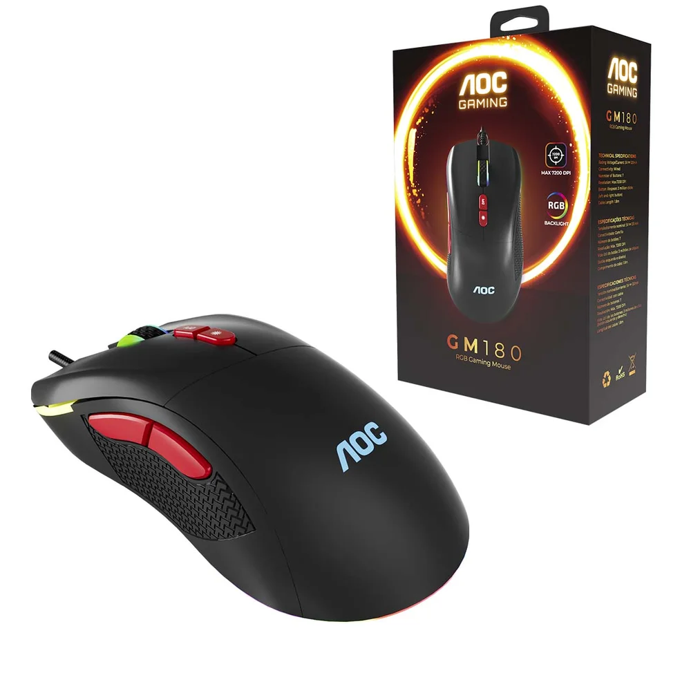 Mouse Gamer Aoc Usb RGB Rainbow 7 Botões 7200dpi Gm180b Mouse Gamer Aoc Usb RGB Rainbow 7 Botões 7200dpi Gm180b