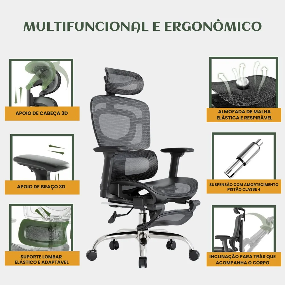 Cadeira De Escritório Ergonômica Mônaco Bt07 Luvinco Malha Respirável Com Suporte Lombar Adaptável Apoio Para Pés Retrátil Encosto Ajustável Seis Posições Cor Preta Suporta 200kg Cadeira De Escritório Ergonômica Mônaco Bt07 Luvinco Malha Respirável Com Suporte Lombar Adaptável Apoio Para Pés Retrátil Encosto Ajustável Seis Posições Cor Preta Suporta 200kg